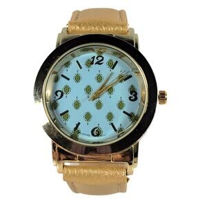 Gold Watch with Blue Dial, Patterned Face, Genuine Leather Strap 39mm Case Woman